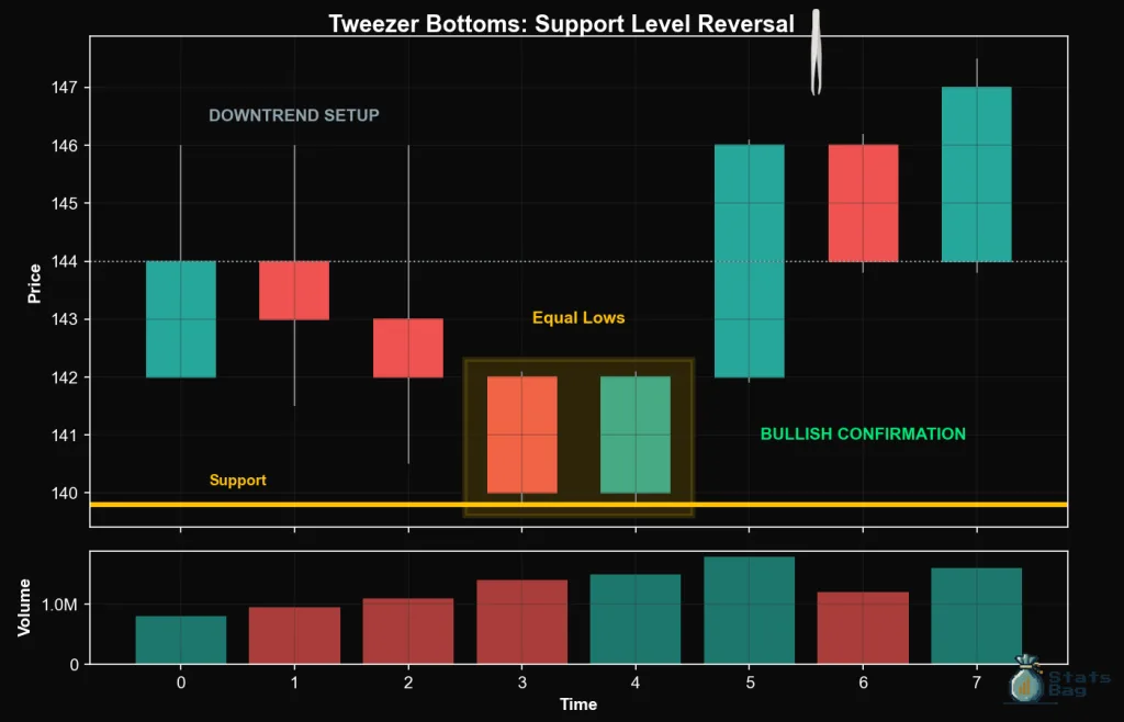 Tweezers Bottom, Bullish Candlestick Pattern